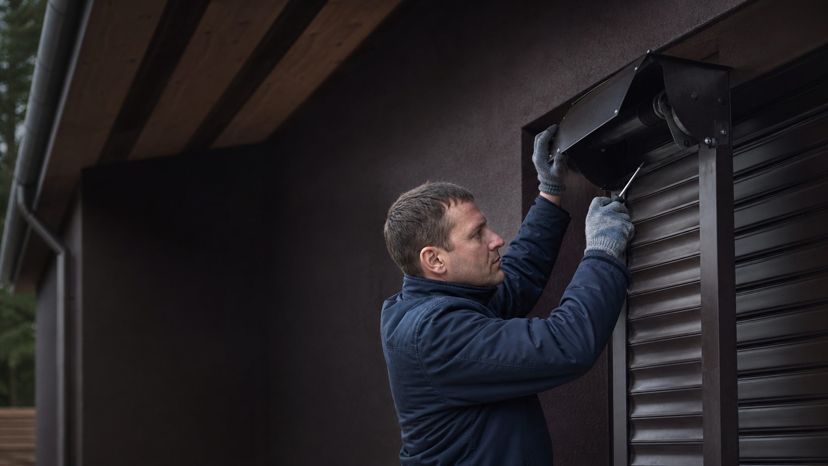 Мастер проверяет рольставни и привод у входа в частный гараж